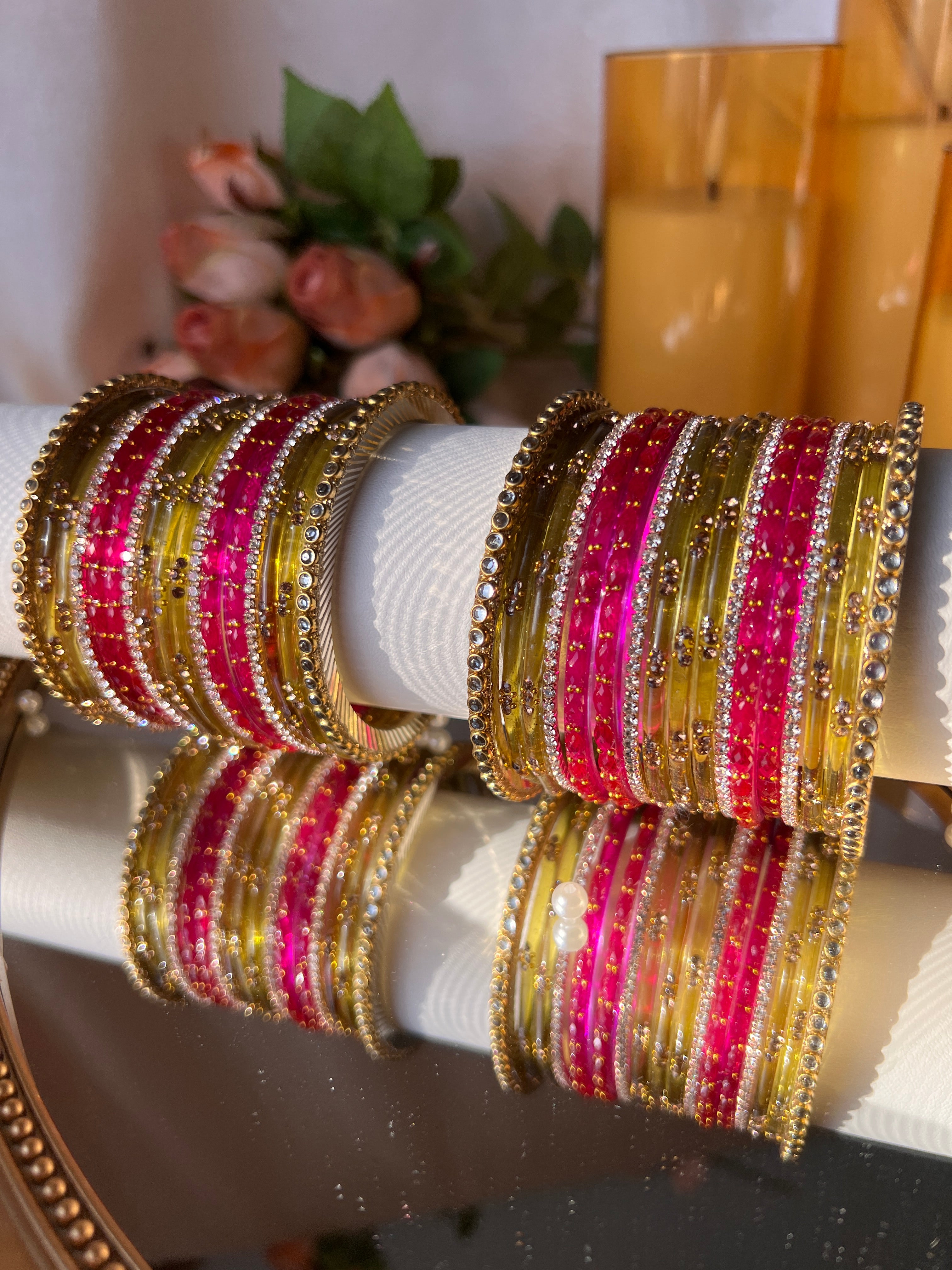 Aaradhya Collection - Mehendi & Rose Custom Glass Bangle Stack